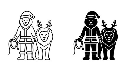 Christmas Lion King Style: Two lions, one dressed as Santa Claus and the other with reindeer antlers, in a stylized illustration perfect for festive greeting cards and holiday designs. © Mohammad