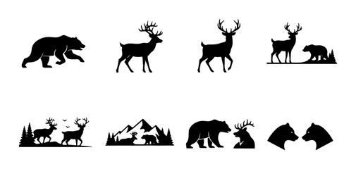 Fototapeta premium Wild Animal Silhouettes: Bear and Deer Vector Icons, Mountain and Forest Scenes, Nature Graphics for Outdoor Themes