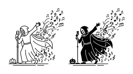 Obraz premium Halloween Grim Reaper Singing: Two stylized illustrations show a grim reaper figure with a cape and hood singing into a microphone, with musical notes floating around.