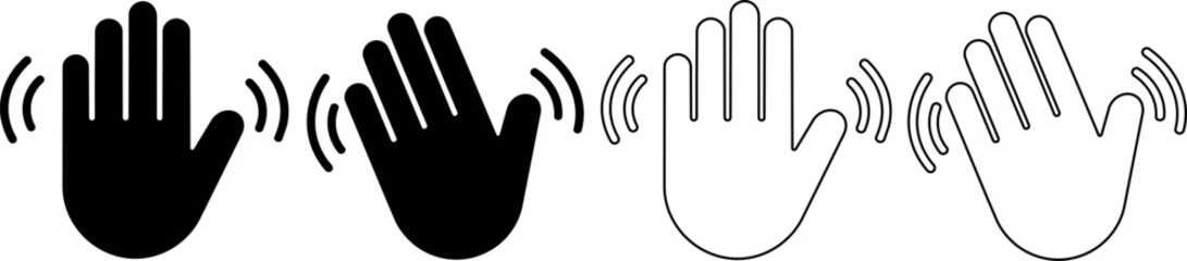Waving hand icons in solid black and outline styles for greeting or goodbye © Santiago
