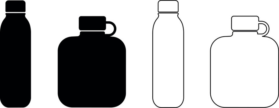 Set of four stylized water bottles, two solid black and two outline