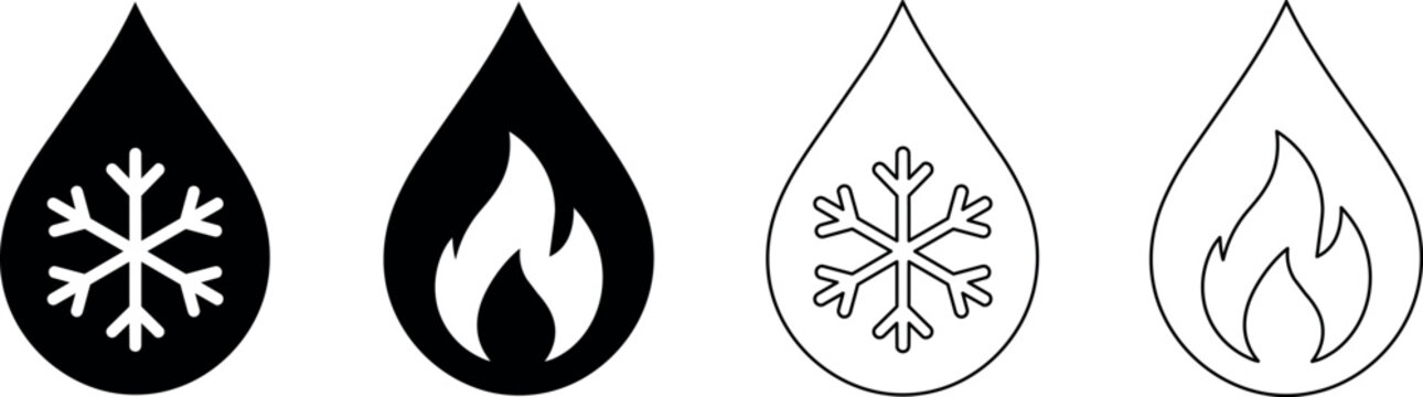 Set of icons representing hot and cold water drops with snowflake and flame symbols