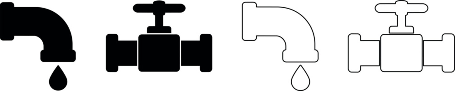 Set of four plumbing icons showing faucets and valves in solid and outline styles