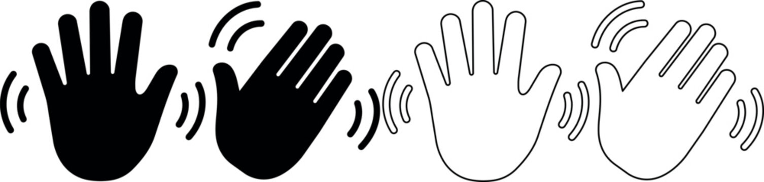 Set of waving hand icons in solid black and outline styles