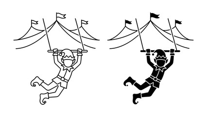 Elf on a Trapeze: A whimsical illustration of an elf, dressed in a festive costume, swinging gleefully on a trapeze under a circus tent. © Asma