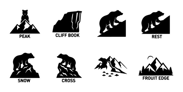 Mountain Bear Silhouettes, 8 Vector Icons Set: Peak, Cliff, Snow, Rest, Cross, Frout Edge, Adventure, Nature