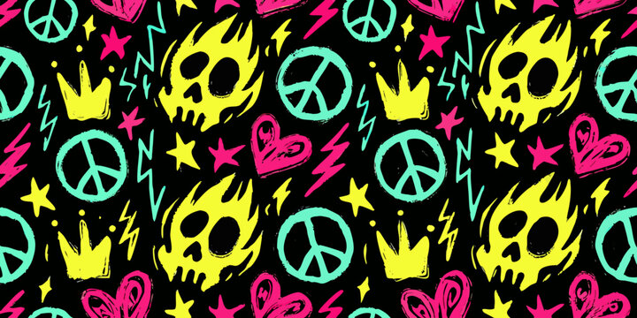 Punk Rock Pattern With Skulls Peace Signs And Stars On Black