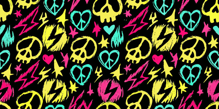 Punk rock pattern with skulls hearts stars and peace signs
