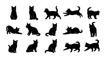 Obraz premium Black Cat Silhouettes Vector Collection: 15 Feline Poses, Domestic Animal Icons, Pet Graphics for Design Projects