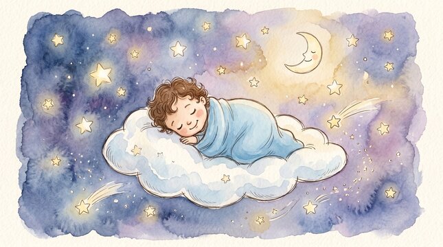 Watercolor illustration of cute little baby sleeping on cloud in night starry sky with crescent moon