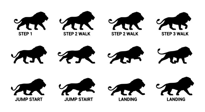 Lion Animation Sequence Vector Icons, Majestic Animal Silhouette Motion Graphics, Wild Cat Walking and Jumping Steps, Graphic Resource for Game Development and Explainer Videos