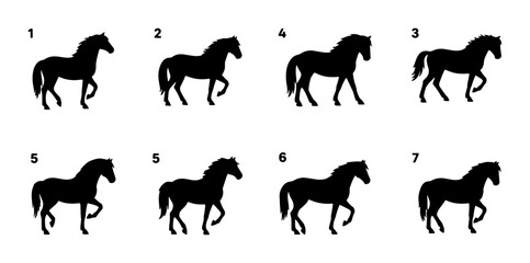 Horse Silhouette Collection, Animal Gait Animation Frames, Equestrian Movement Study, Black Vector Art Set © Ayan