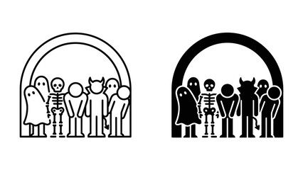 Halloween Costumes Lineup: A stylized lineup of iconic Halloween characters, including a ghost, skeleton, and devil, stands in silhouette under an archway, representing the spirit of spooky season. © Md