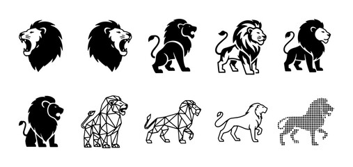 Obraz premium Lion Vector Icons Collection: Majestic Big Cat Silhouettes, Geometric Designs, and Stylized Illustrations for Branding and Graphic Projects