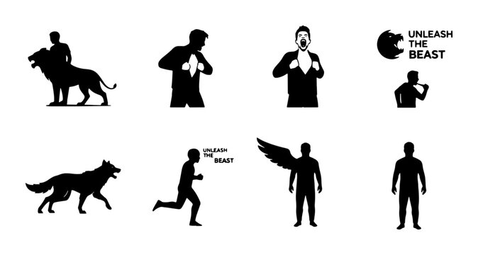 Unleash the Beast Vector Icons: Powerful Human Animal Synergy, Inner Strength, Transformation Concepts, Motivational Spirit