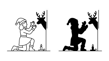 Christmas Eve Shadow Play: A child in festive attire creates a shadow puppet of a reindeer on the wall, illuminated by a single candle, evoking holiday magic and imagination. © Asma