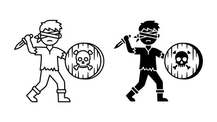 Blindfolded Warrior: A stylized warrior, blindfolded and brandishing a knife, stands with a shield bearing a skull and crossbones, representing conflict and danger in a simplified, graphic style. © Md
