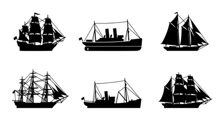 Vintage Sailing Ships and Steamers Collection, Nautical Vector Silhouettes, Maritime Vessels Set © safi