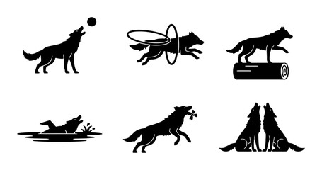 Obraz premium Wolf Silhouette Icon Set, Wild Animal Vector Graphics, Canine Action Poses, Nature Wildlife Symbols, Hunting Dog Illustrations, Black and White Design Elements