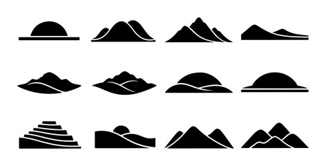 Set of 12 Minimalist Mountain and Hill Icons, Vector Landscape Silhouettes for Nature and Outdoor Themes, Simple Black and White Design Elements © Ayan