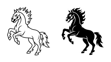 Majestic Stallion Silhouette: A powerful and dynamic illustration of a stallion rearing on its hind legs, captured in both a striking outline and a bold silhouette, embodying strength and freedom. © Ahsan