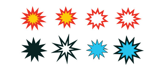 Explosion Burst Icon Set Showcasing Blast Effects, Comic Boom Symbols, Fire Bursts And Dynamic Impact Graphics In Editable Vector Format. © ABUBOKKORsiddik