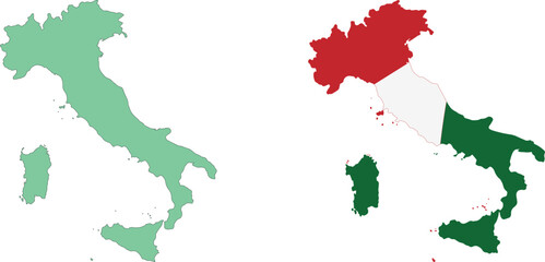 Graphic illustration of italy country maps including a solid green version and a version divided into tricolor flag regions with geography illustration tricolor © stockpixelstudio