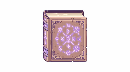 An ancient leather-bound book with mystical symbols on its cover sits upright on a plain surface in a quiet indoor setting. © Nurin
