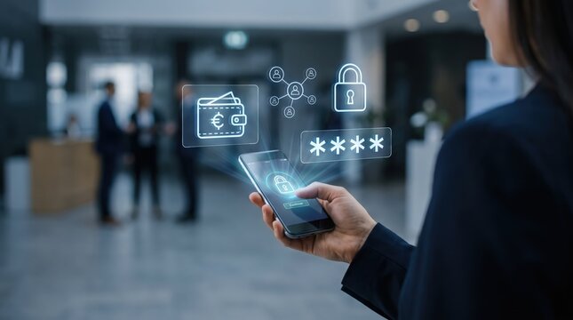 Secure Mobile Payment Execution: Digital Wallet Tech Icons, Network Connection Encryption, Corporate Financial Transaction Cyber Security, and Multi Factor PIN Access Authentication on Smartphone