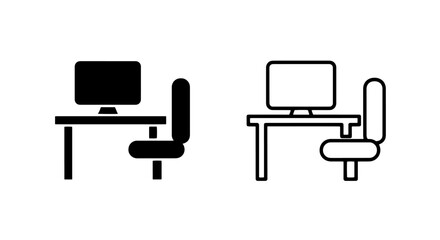 Fototapeta premium Workplace desk and desktop computer office workspace icon set