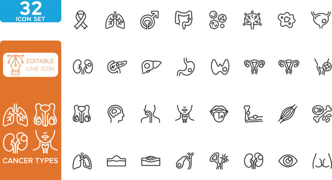 Cancer types line editable Icons set. vector illustration. Contain icons related to Cancer types, Tumor, and more. on transparent background.