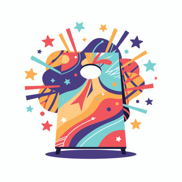 Vibrant abstract cornhole board design featuring playful geometric patterns and colorful stars in a festive celebration style graphic on pure white background