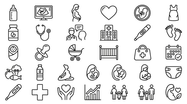 Pregnancy Care Outline Icon Set with Pregnant Woman Ultrasound Baby Bottle Prenatal Health and Maternity Vector Collection