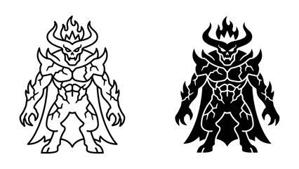 Demon Emblem Duo: A striking pair of demon designs, one in outline and the other in solid black, showcasing a powerful, horned mythical creature with fiery accents and armored physique. © Md
