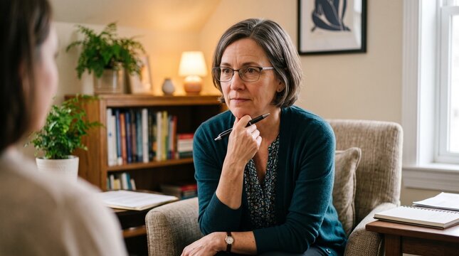 A thoughtful psychotherapist with glasses attentively listens to her patient in a cozy, book-lined office, offering a safe space for conversation and emotional exploration.