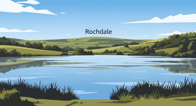 Vector illustration of a calm lake in Rochdale, Greater Manchester, featuring rolling green hills, a clear blue sky with white clouds, and reflections on the water surface with grass.
