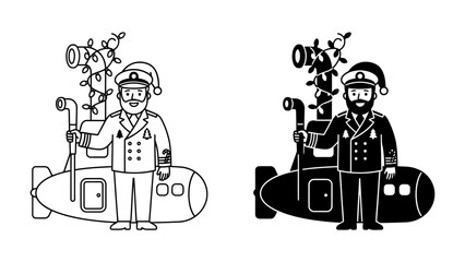Captain's Christmas Submarine: A cheerful captain in a Santa hat stands beside a festive submarine decorated with Christmas lights, ready for a holiday voyage. © Md