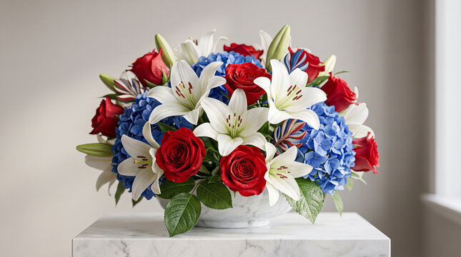 Arranging vibrant red roses and pristine white lilies among blue hydrangeas for a sophisticated patriotic floral display centerpiece.