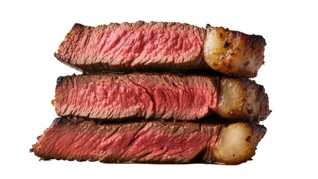 Stack of three juicy medium-rare grilled steaks with fat