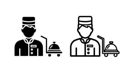 Bellhop character with silver food dome cart icons, catering © MdDelowar