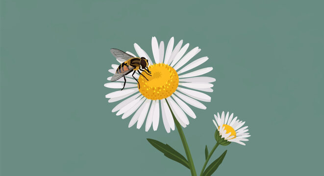 Vector illustration of a hoverfly pollinating a common fleabane flower with white petals and yellow disk, featuring a smaller secondary bud on a green stem against a muted green background.