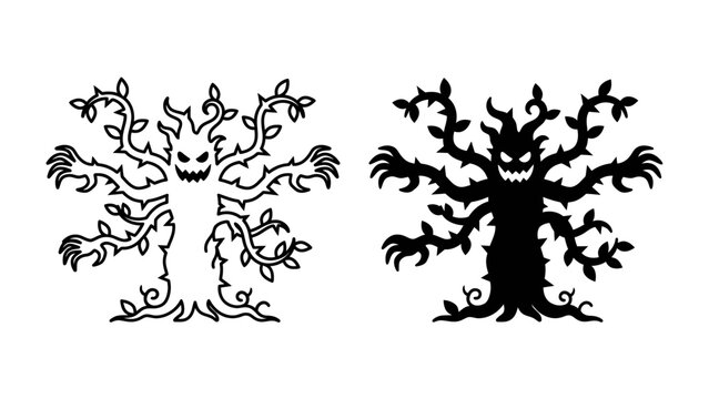 Creepy Tree Monster Illustration: A stylized illustration of a gnarled tree transformed into a monstrous entity, with thorny branches, a sinister face, and sharp claws.