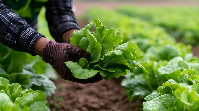 A person wearing gloves holds a fresh head of lettuce among rows of green leafy plants in an outdoor garden setting