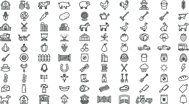 Agriculture and farming line icon set featuring tractor animals crops barn tools and organic food symbols