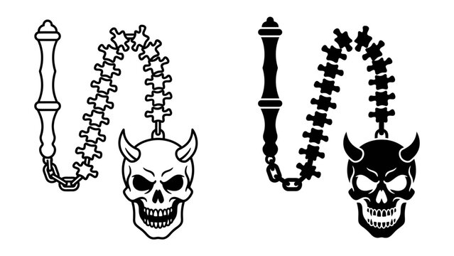 Skull and Chains with Devil Horns: Two graphic representations, one in black and white and the other in solid black, depict a menacing skull with devil horns attached to a spiked chain.