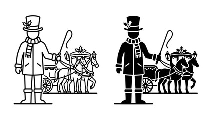 Coachman and Horse-drawn Carriage: A stylized coachman in top hat and scarf stands beside a magnificent horse-drawn carriage, holding a whip, symbolizing old-world charm and elegant transport. © Md