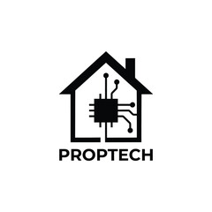Fototapeta premium Black silhouette of a house with circuit board elements and the word proptech below it automation black and white circuitry connectivity
