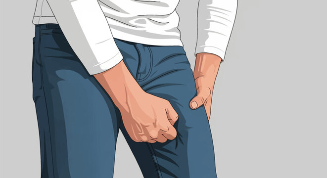 Vector illustration close-up of a man wearing white long-sleeve shirt and blue jeans, clenching his fist and hitting his thigh in a gesture of anger or physical pain on gray background.