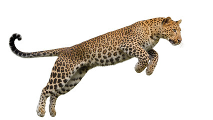 Leopard mid-air jump with spotted fur and long tail © darietta