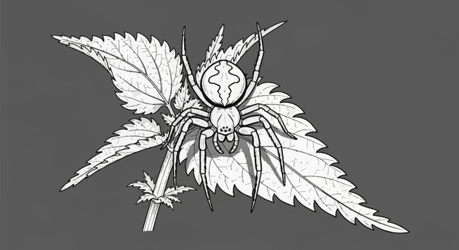 Black and white line art illustration of a large orb-weaver spider perched on stinging nettle leaves, featuring detailed botanical textures and anatomical arachnid features.